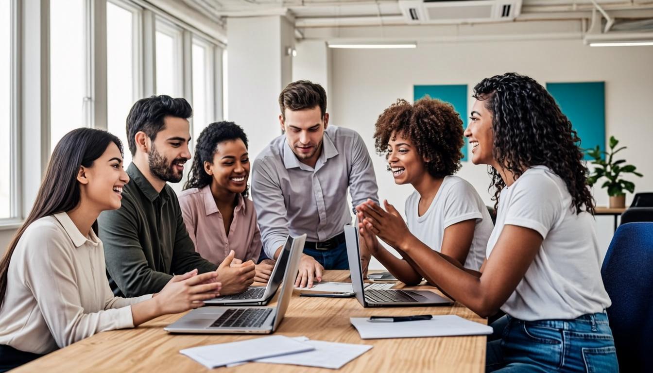 A diverse team of engineers and designers collaborating in Metric Flux Solutions' office