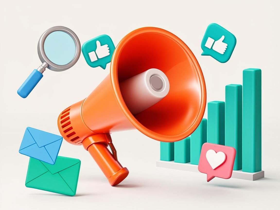 Illustration of digital marketing icons, analytics charts and social media growth
