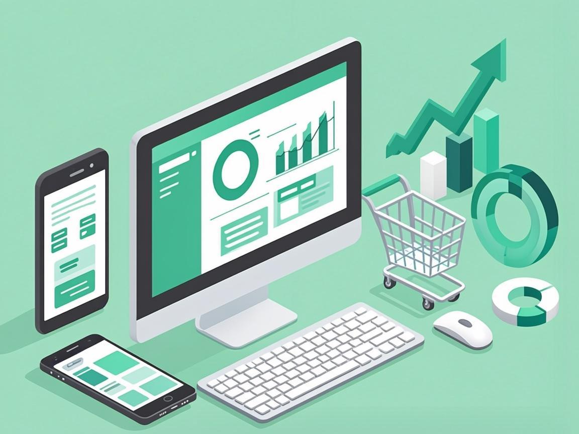Isometric illustration of websites, mobile apps, ecommerce and analytics assembling into one solution